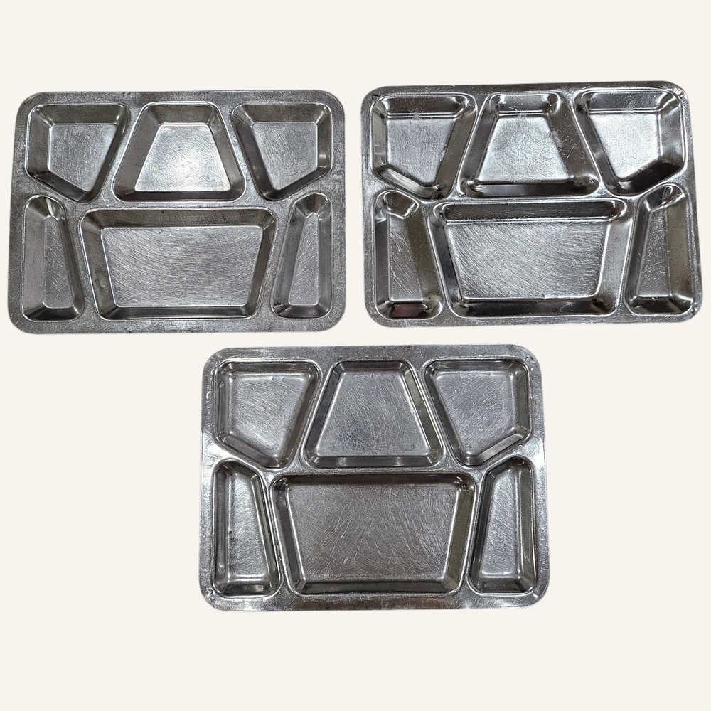 US Military Stainless Steel Mess Hall Food Trays Set of Three Silver Metal Trays